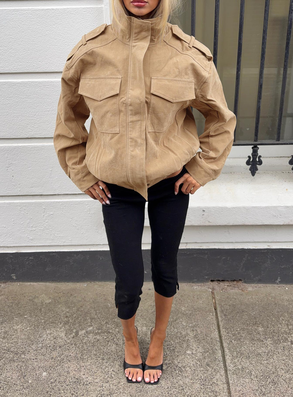 Double Life Funnel Neck Cargo Jacket Beige
