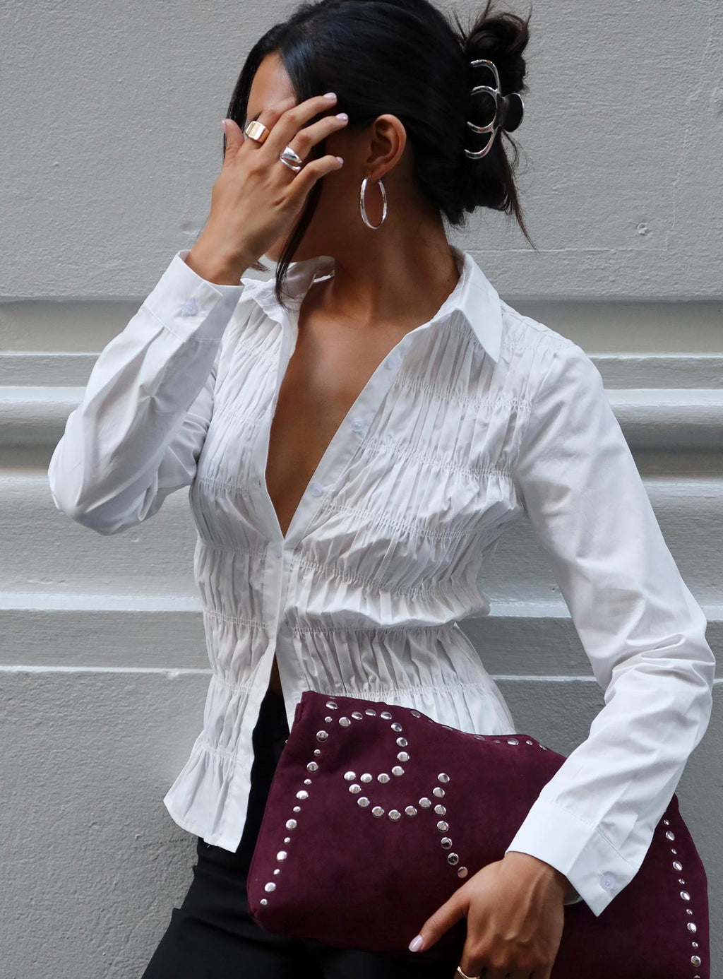 Cultivate Shirred Long Sleeve Top White