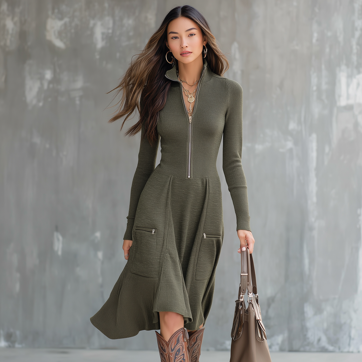 Vintage Zipper Neck Pocket Knit Midi Dress