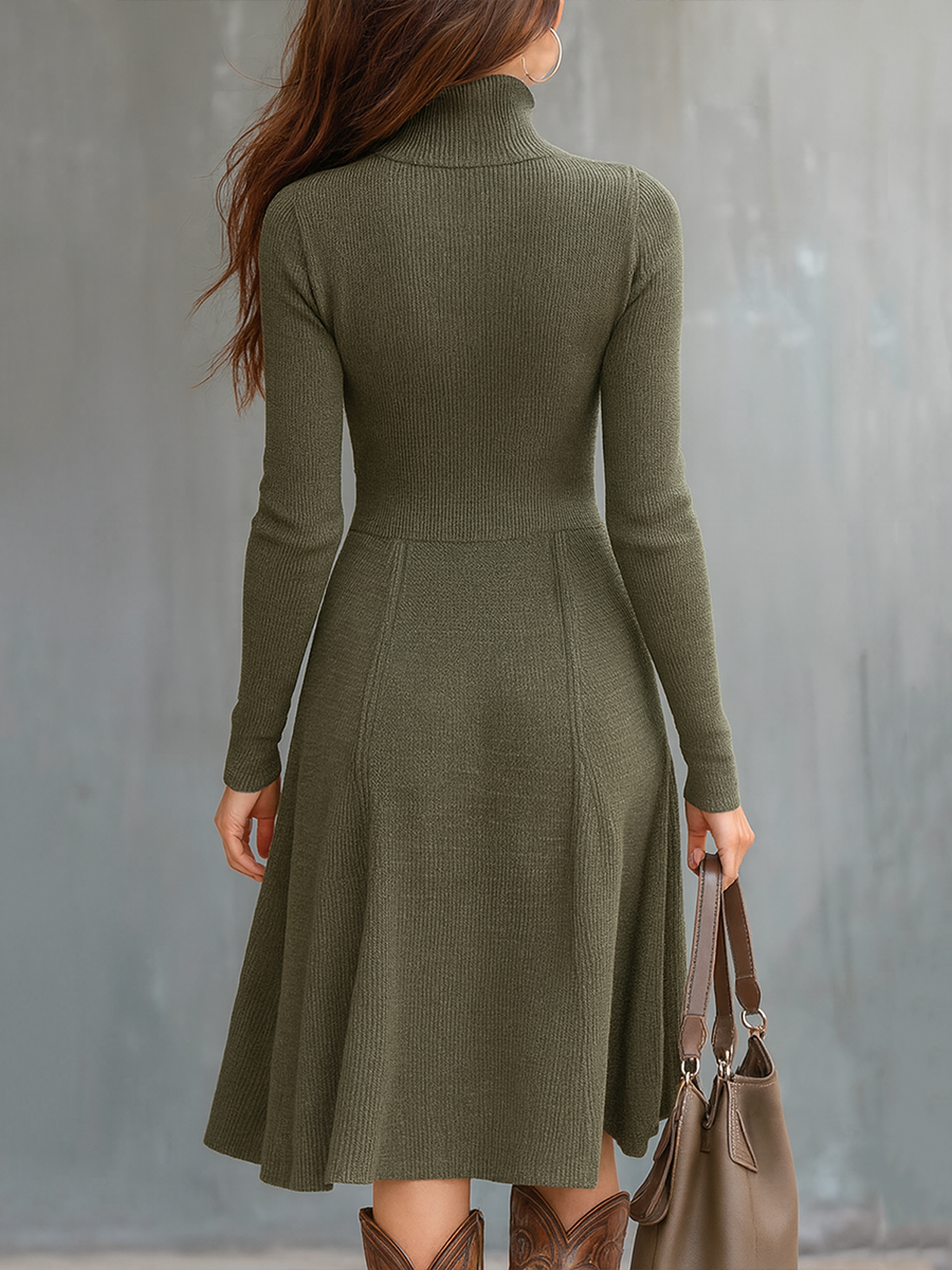Vintage Zipper Neck Pocket Knit Midi Dress