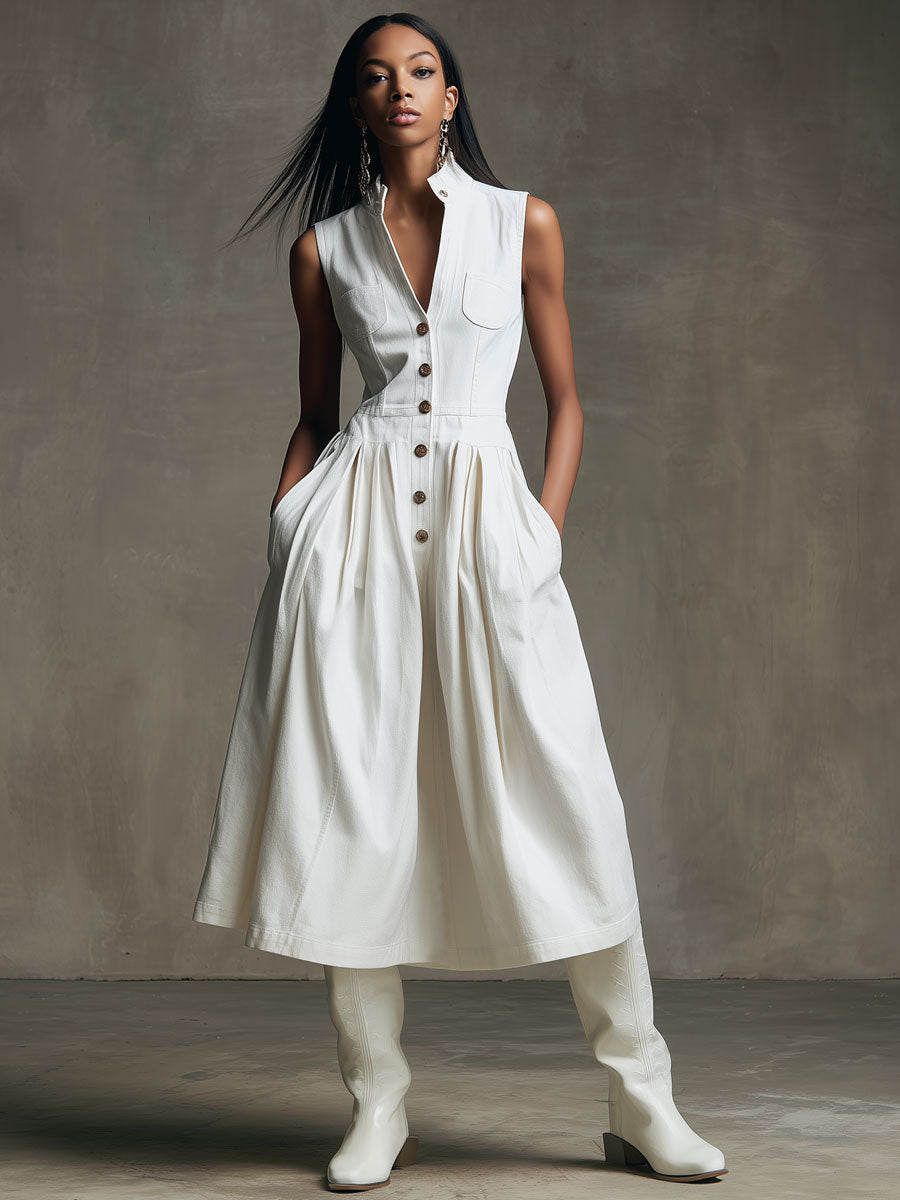 Casual Retro White Denim Sleeveless A-line Midi Dress