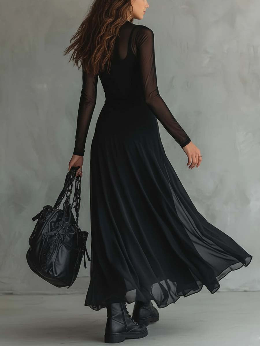 Retro Sheer Sleeves Maxi Dress