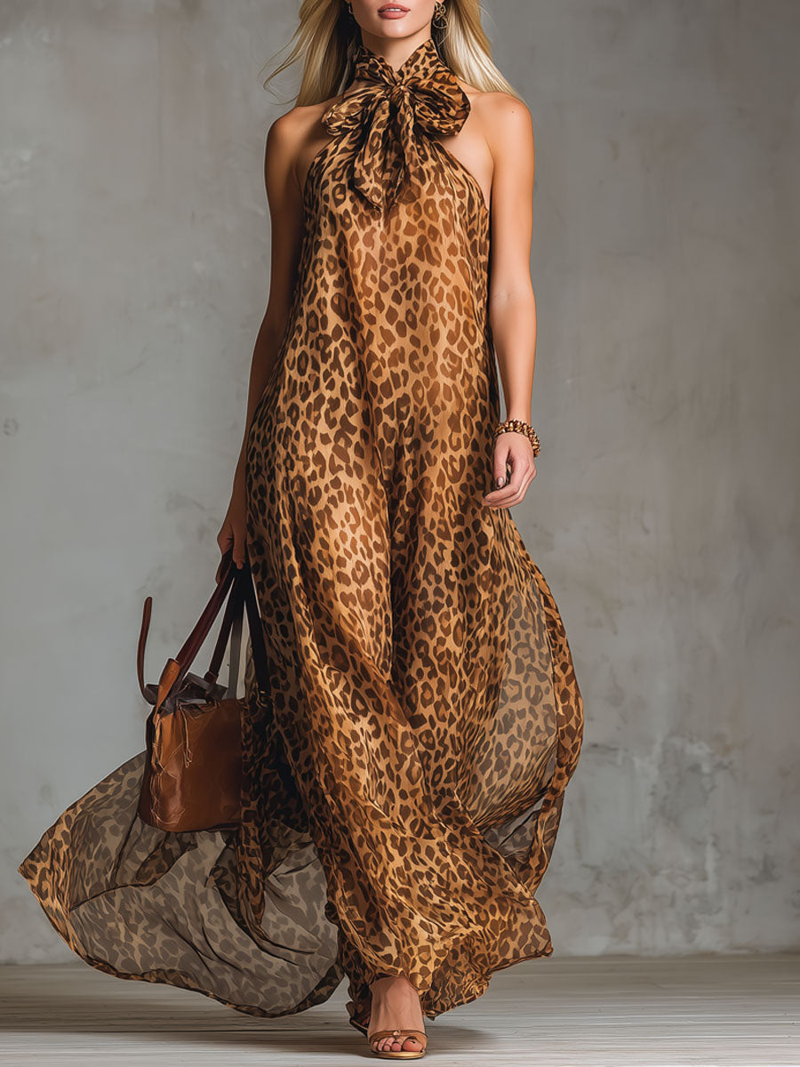 Leopard Print Bow-tie Strap Chiffon Sleeveless Maxi Dress