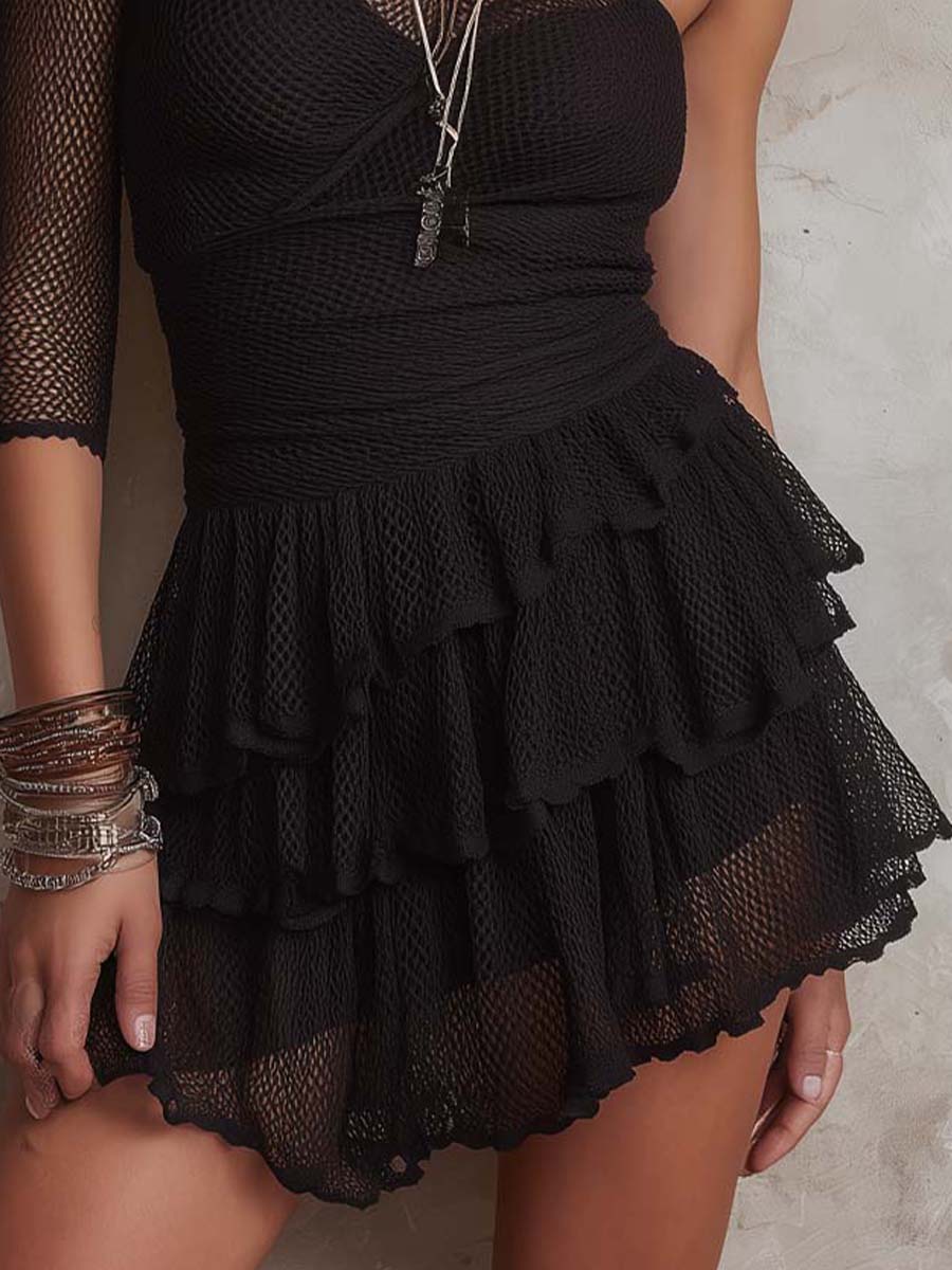 Bohemian One-Shoulder Mesh Mini Dress