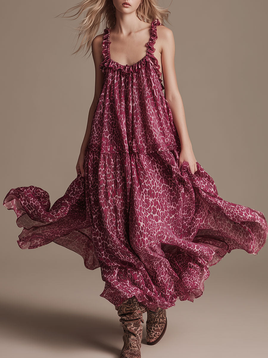 Stylish Retro Pink Leopard Print Strappy Chiffon Maxi Dress