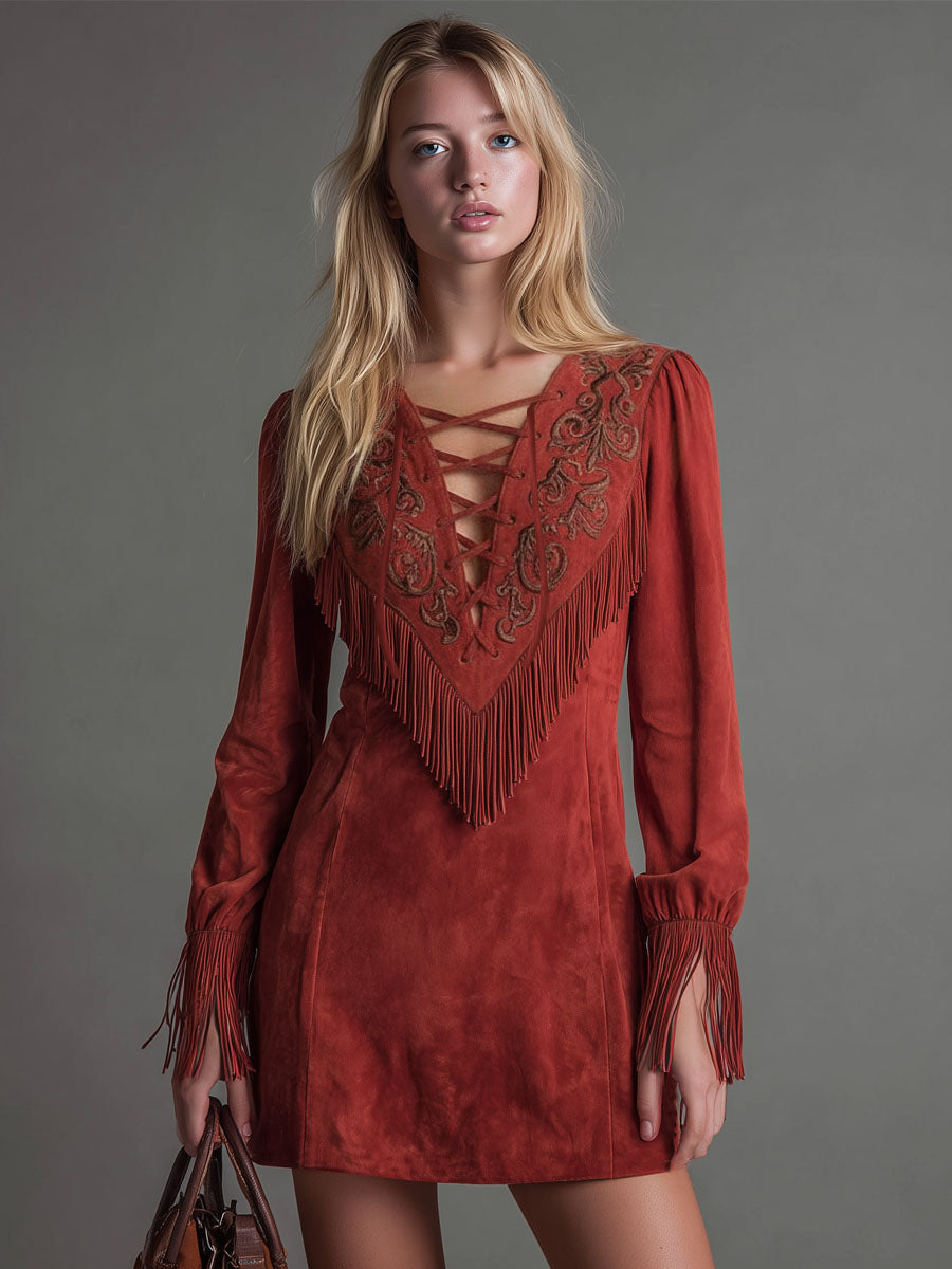 Western-style Tie-up Design Embroidered Fringed Faux Suede Long-sleeved Mini Dress