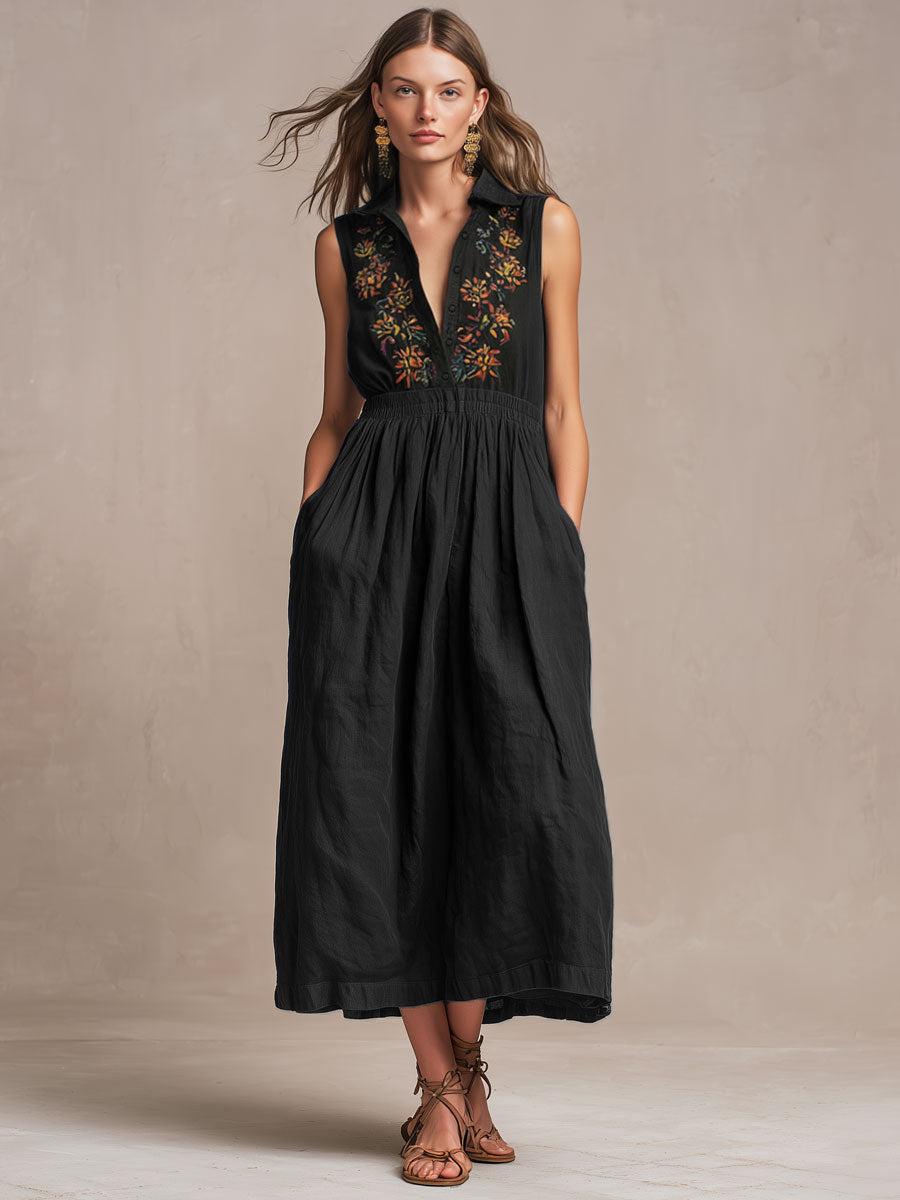 Vintage-style Embroidered Sleeveless Black Cotton Midi Dress