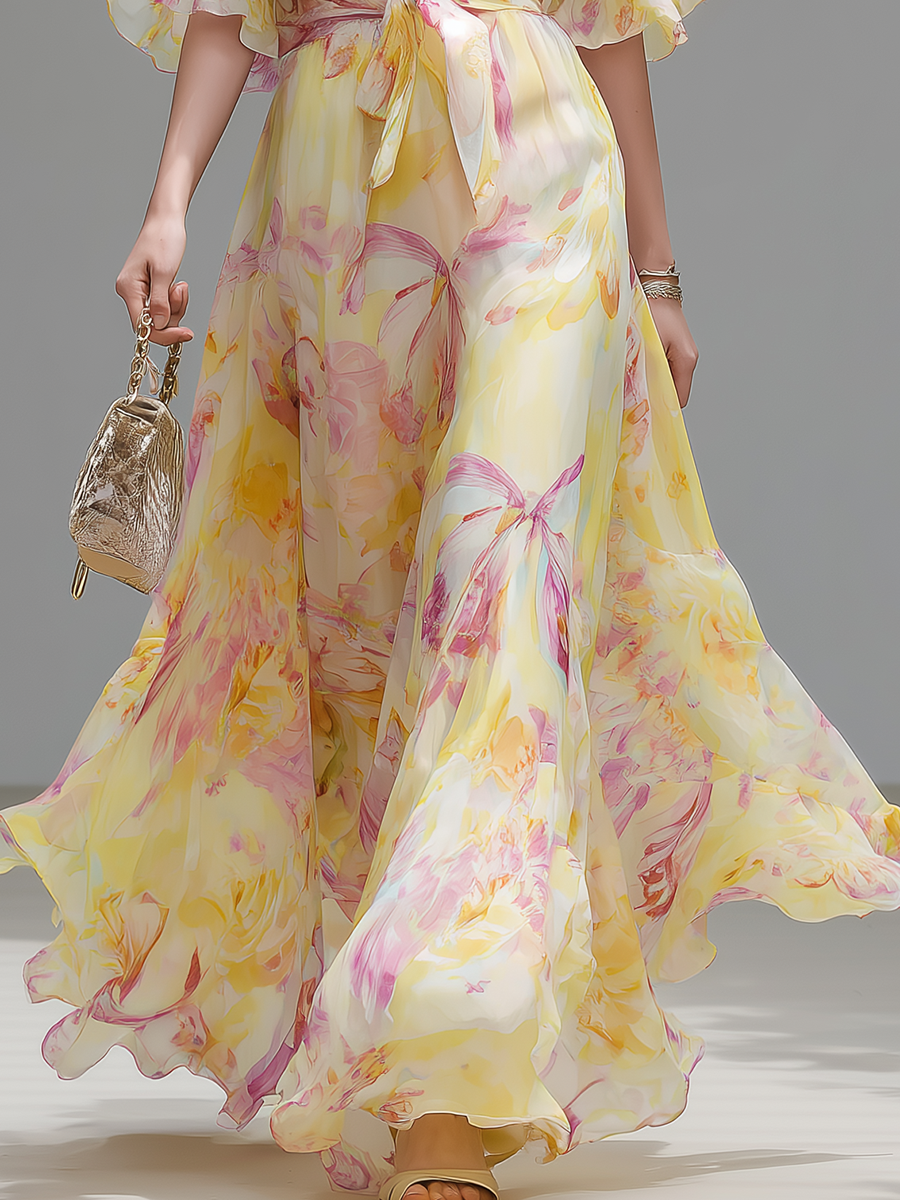 Elegant And Comfortable V-neck Ruffled Short-sleeved Long Dress