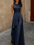 Satin Sleeveless Maxi Dress With Asymmetric Draping