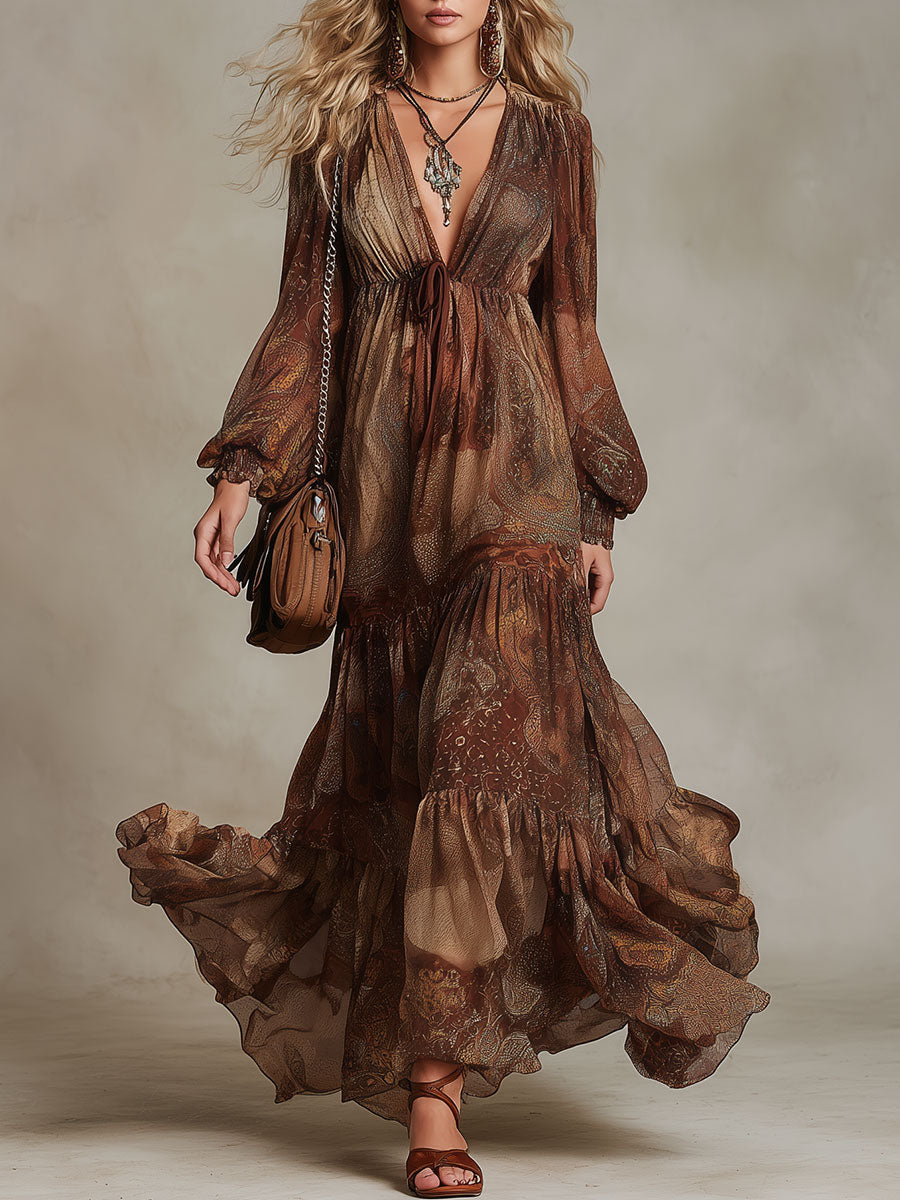 Western Retro Paisley Pattern Brown V-Neck Chiffon Maxi Dress