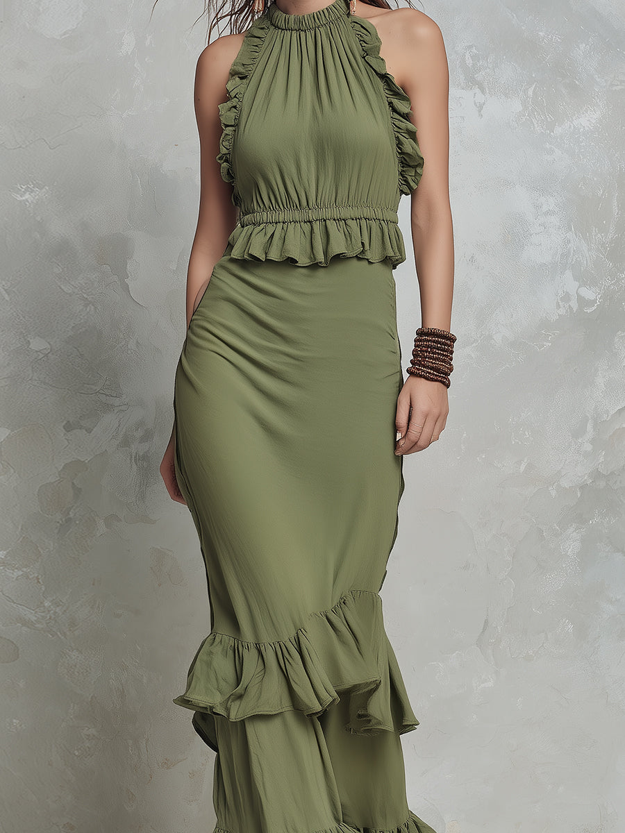 Bohemian Sleeveless Maxi Dress With Ruffle Details