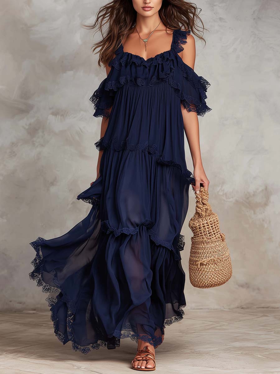 Vintage Chiffon Maxi Dress With Lace Trim