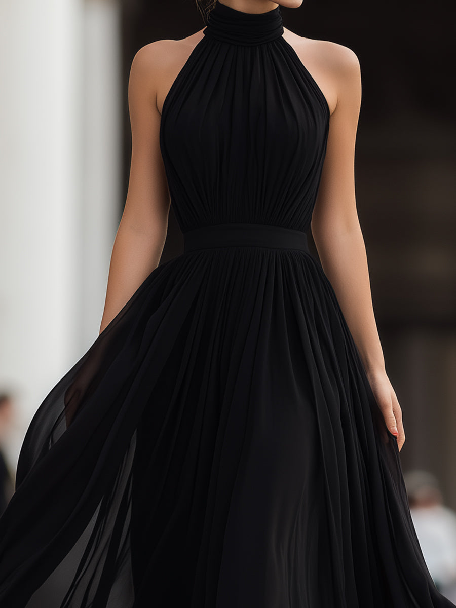 Black Halter Neck Pleated Chiffon Maxi Dress