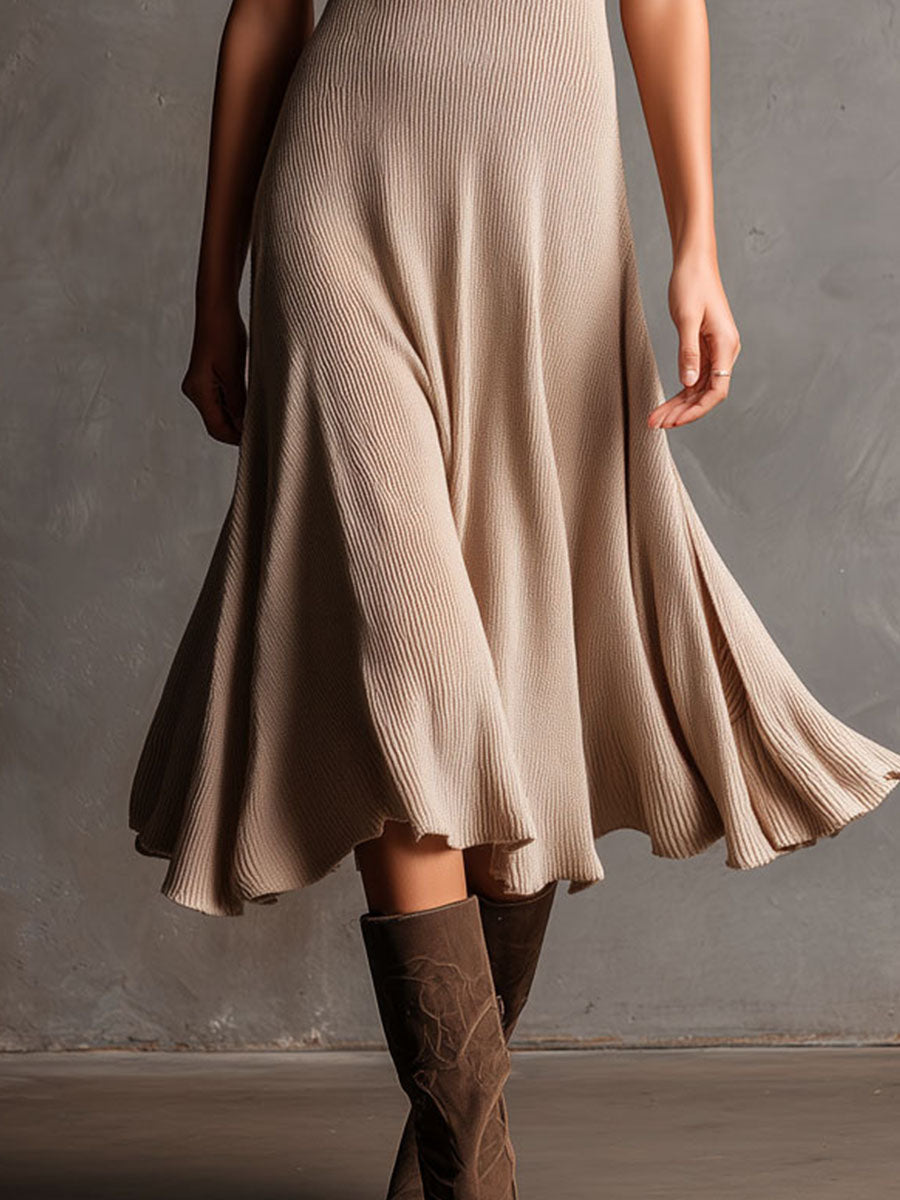 Scoop Neck Light Apricot Ribbed Knit Midi Dress With Flared Hem