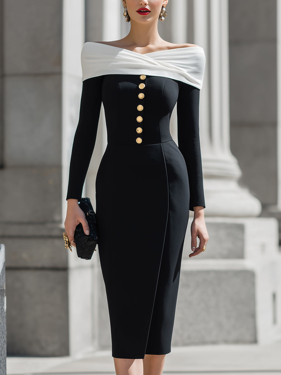 Off-Shoulder Button-Front Pencil Dress