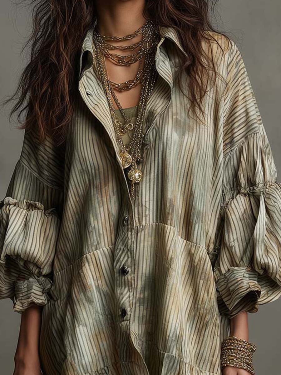 Vintage Boho Striped Button Shirt Dress
