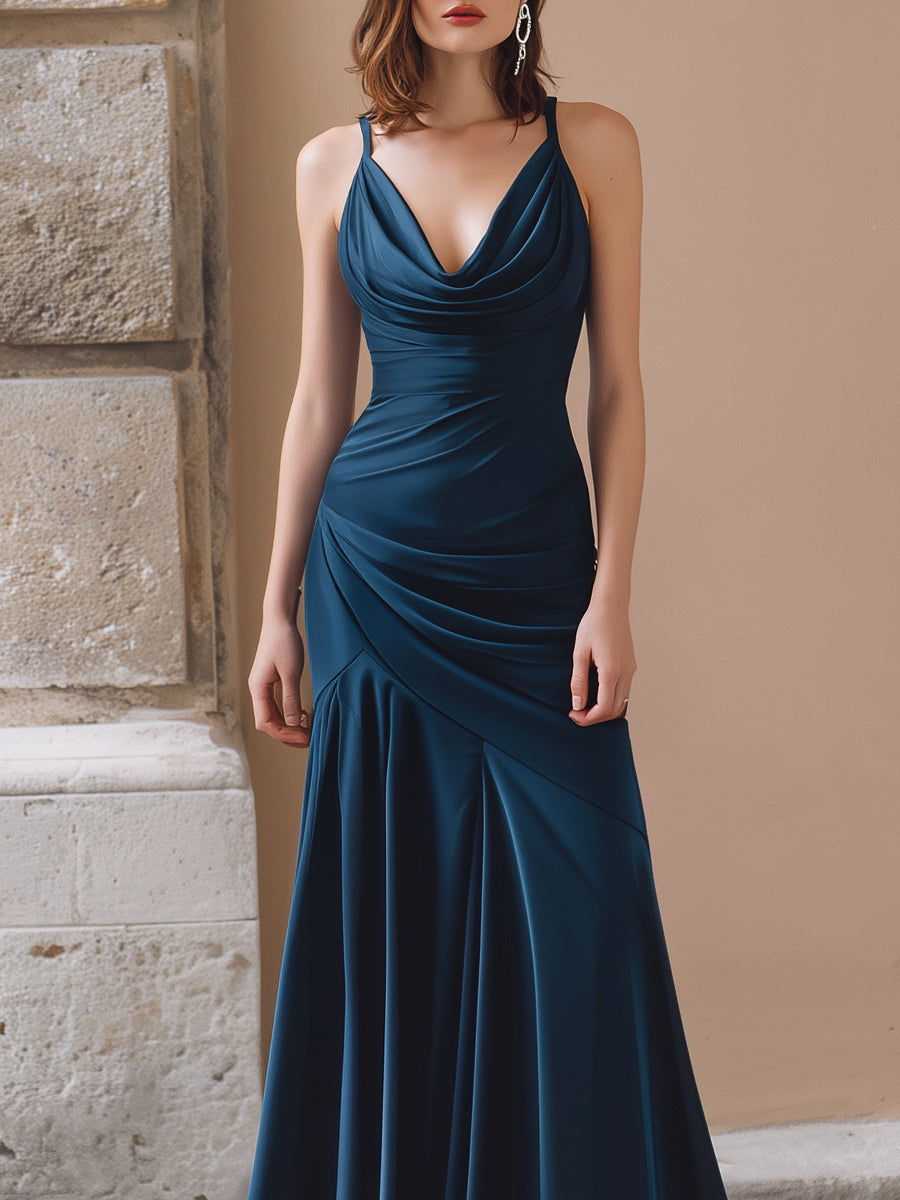 Draped Cowl Neck Ruched Maxi Dress