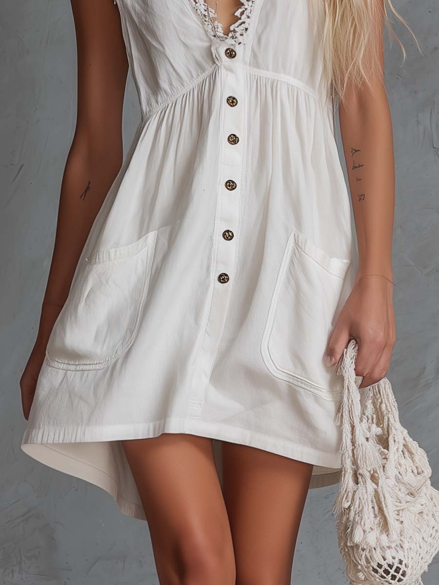 Elegant Vintage Western Lace V-neck Front-button White Cotton Mini Dress