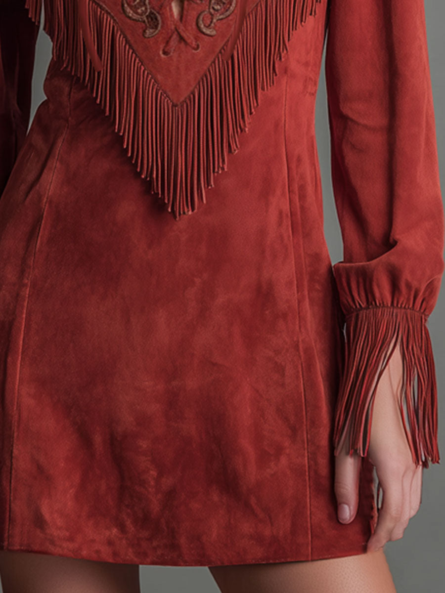 Western-style Tie-up Design Embroidered Fringed Faux Suede Long-sleeved Mini Dress