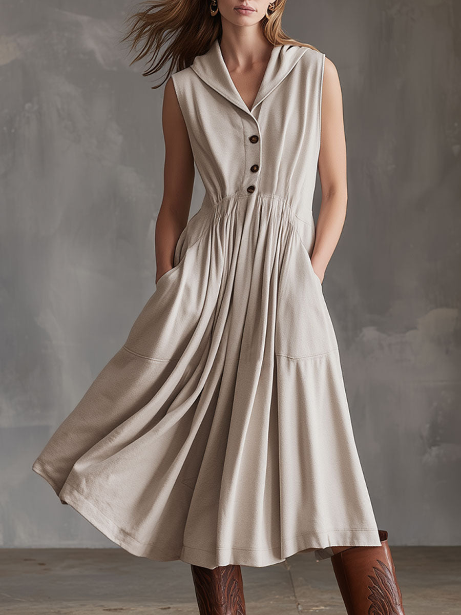 Sporty Retro Apricot Sleeveless A-line Midi Dress