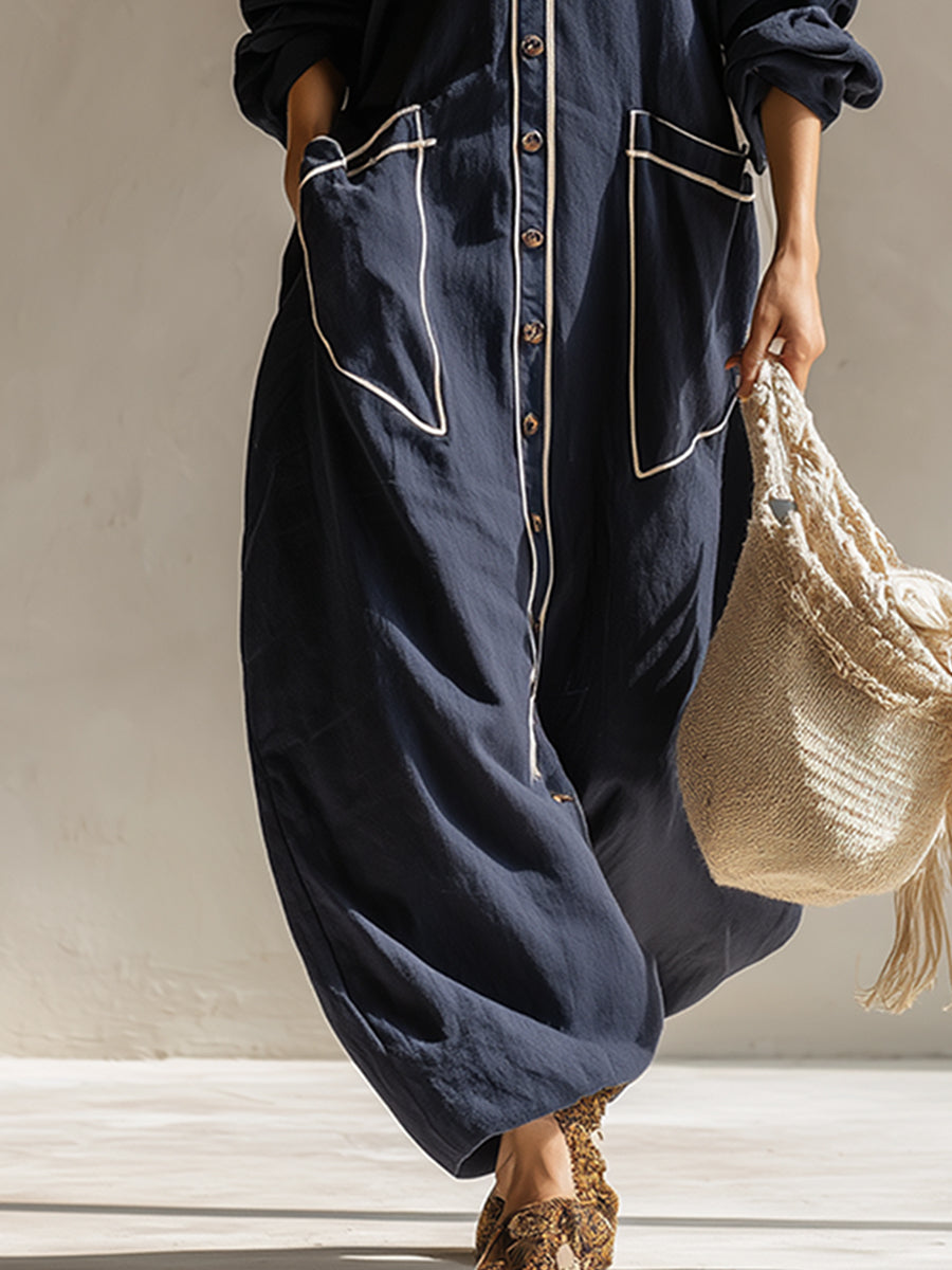Elegant Urban-style Navy Blue Cotton And Linen Maxi Dress