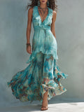 Bohemian Printed Chiffon Maxi Dress With Ruffles