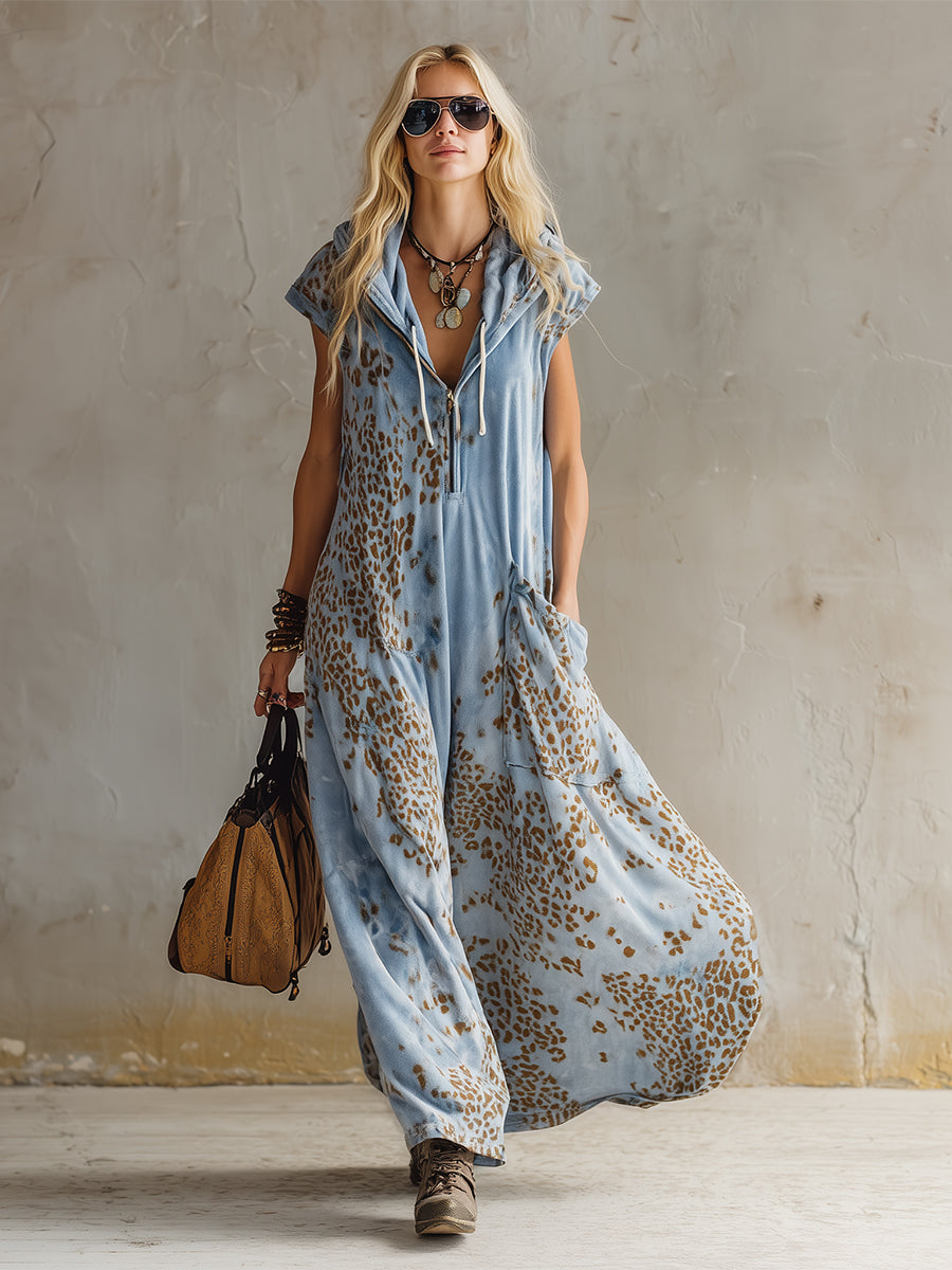 Stylish Urban Leopard Print Sky Blue Velvet Hooded Maxi Dress