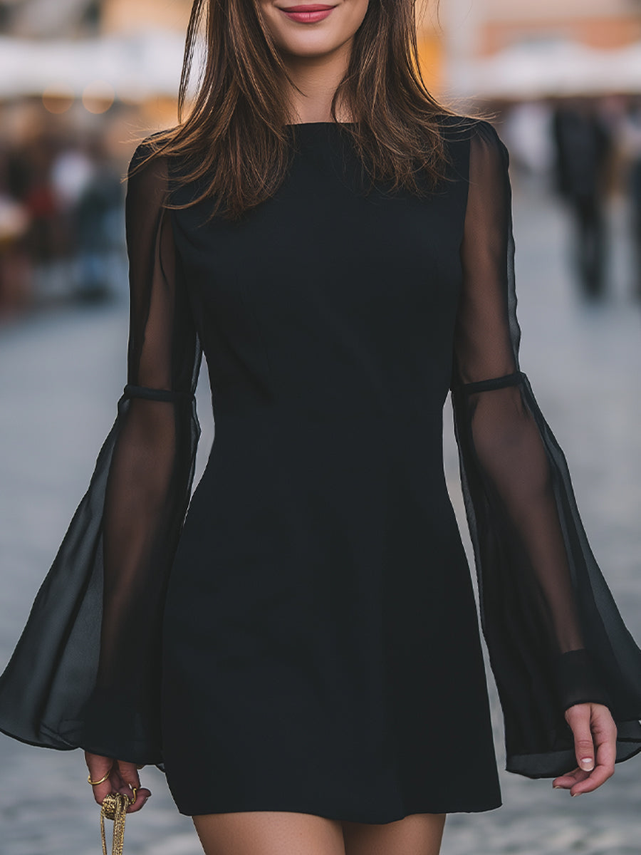 Elegant Sheer-Sleeve Mini Dress With Flared Cuffs