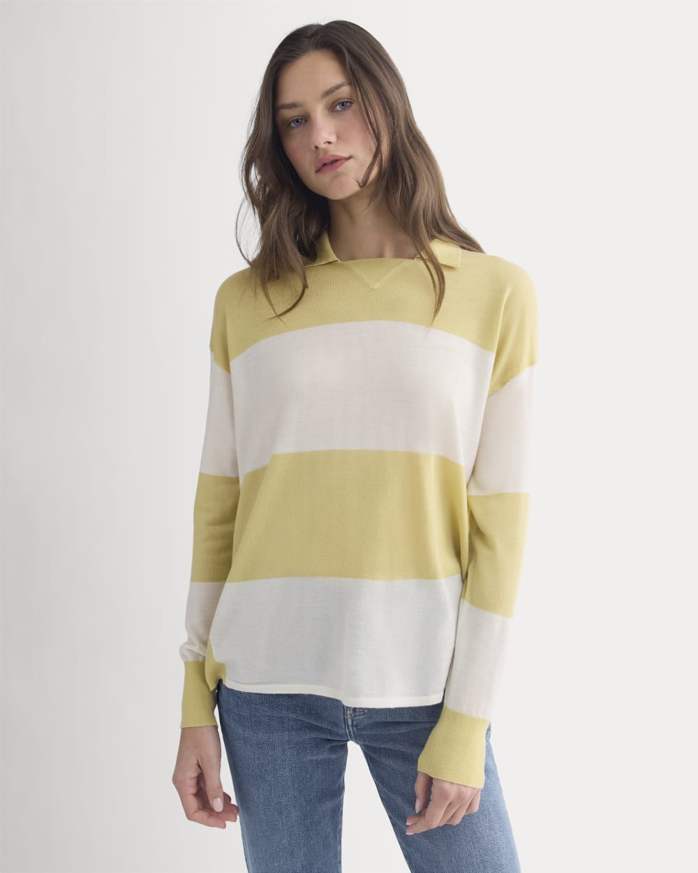 Oversized Polo in Ultrafine Merino | Double Cream / Bone Rugby Stripe