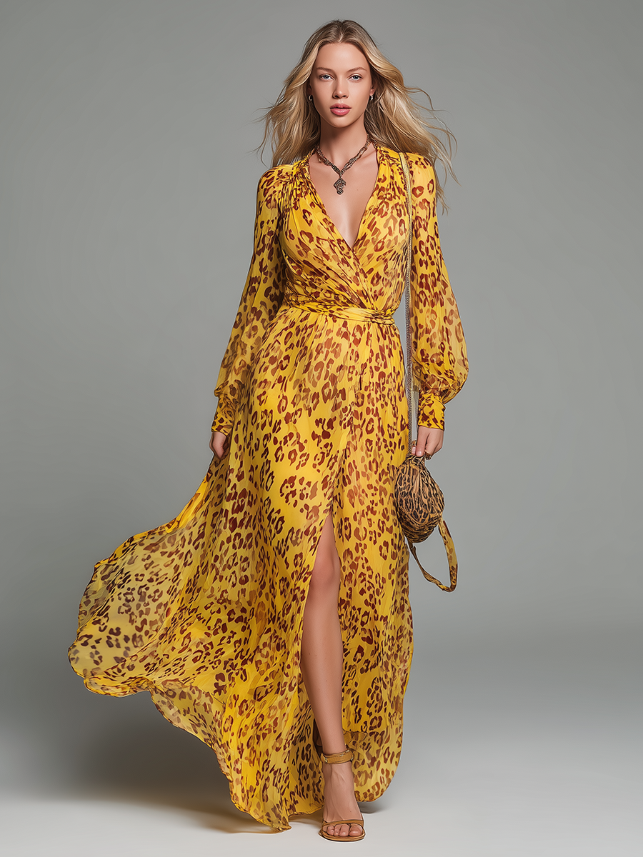 Stylish And Elegant V-neck Long-sleeved Leopard Print Chiffon Maxi Dress