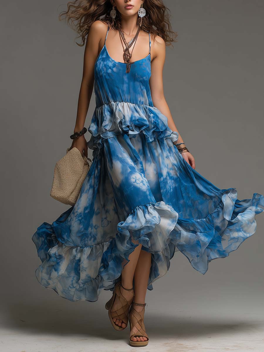 Bohemian Tie-Dye Print Ruffled Maxi Dress