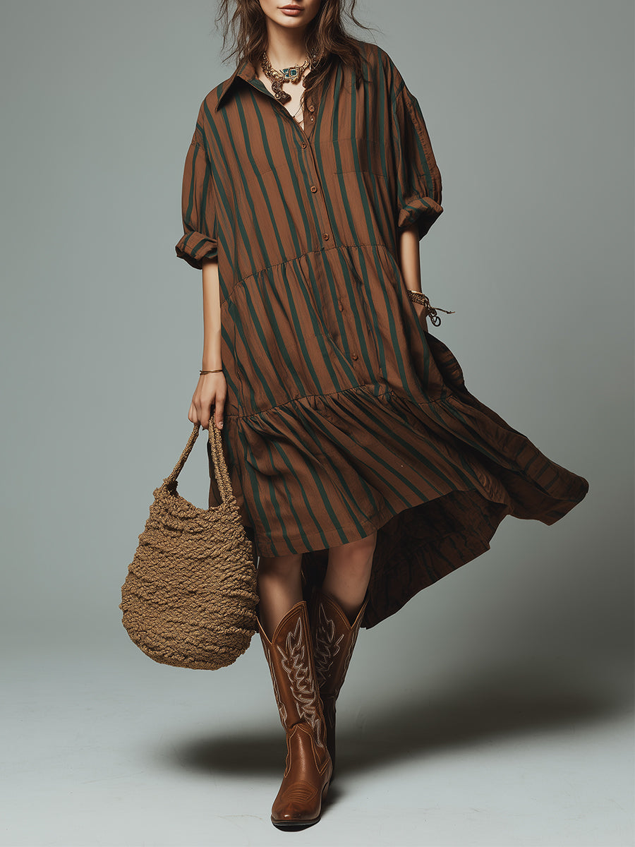 Bohemian Striped Loose-fitting Midi Dress With A High-low Hem