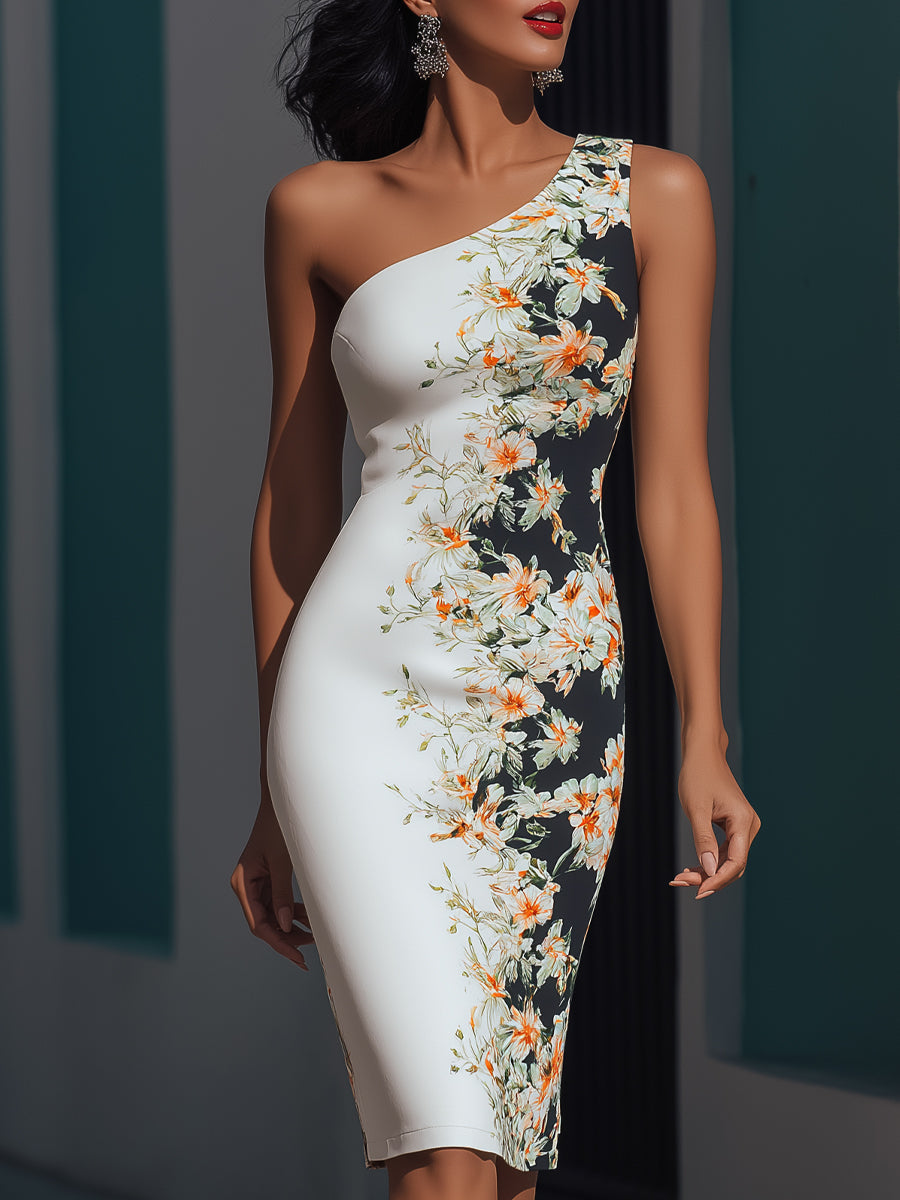 Tailored One-Shoulder Satin Floral Sheath Dress