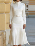 High-Neck Belted Long-Sleeve Pleated Midi Dress