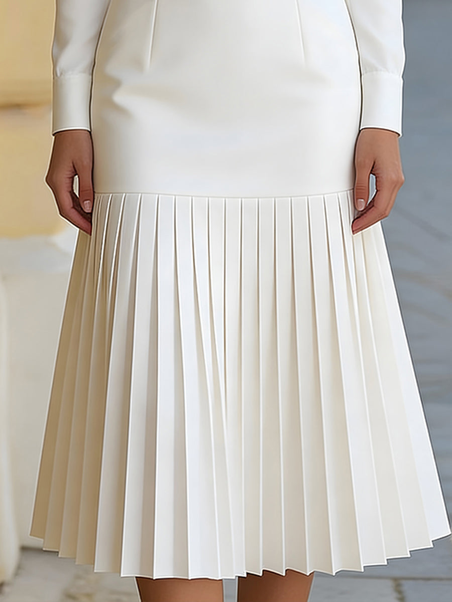 High-Neck Belted Long-Sleeve Pleated Midi Dress