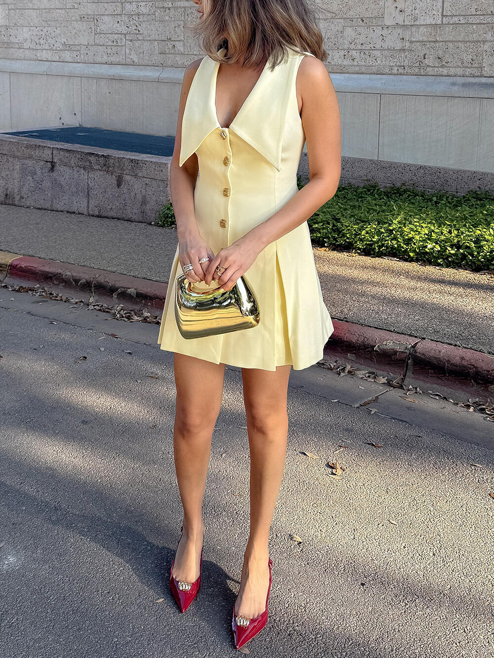 Delicate Button Details Pleated A-Line Mini Dress