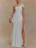 Off-shoulder Pleated Slit Maxi Dress