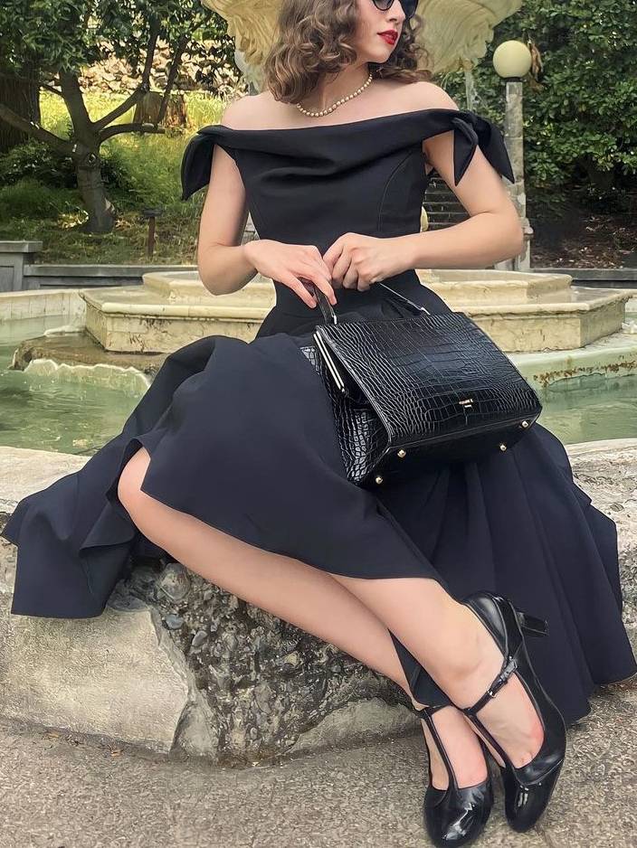 Off-shoulder Bow  Design A- Line Skirt Midi Dress