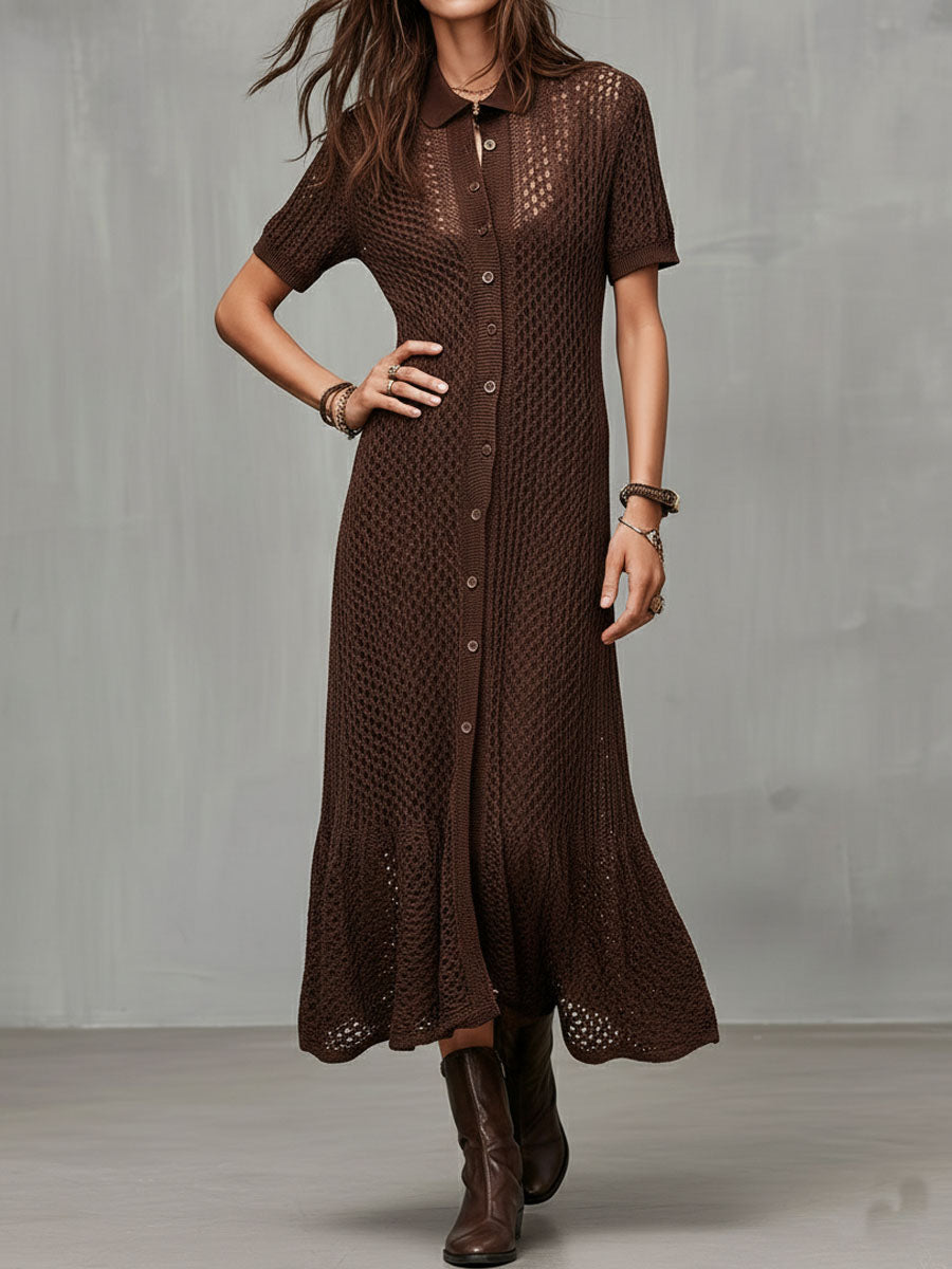 Quiet Luxury Chocolate Brown Crochet Knit Shirt Dress