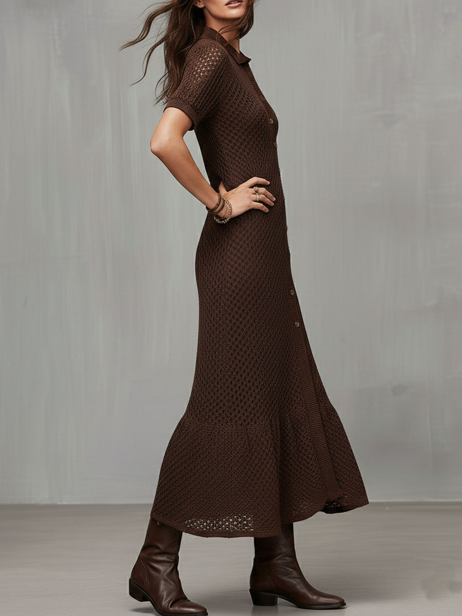 Quiet Luxury Chocolate Brown Crochet Knit Shirt Dress