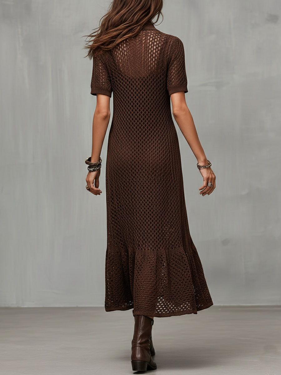 Quiet Luxury Chocolate Brown Crochet Knit Shirt Dress