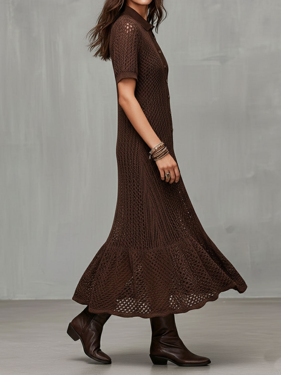 Quiet Luxury Chocolate Brown Crochet Knit Shirt Dress