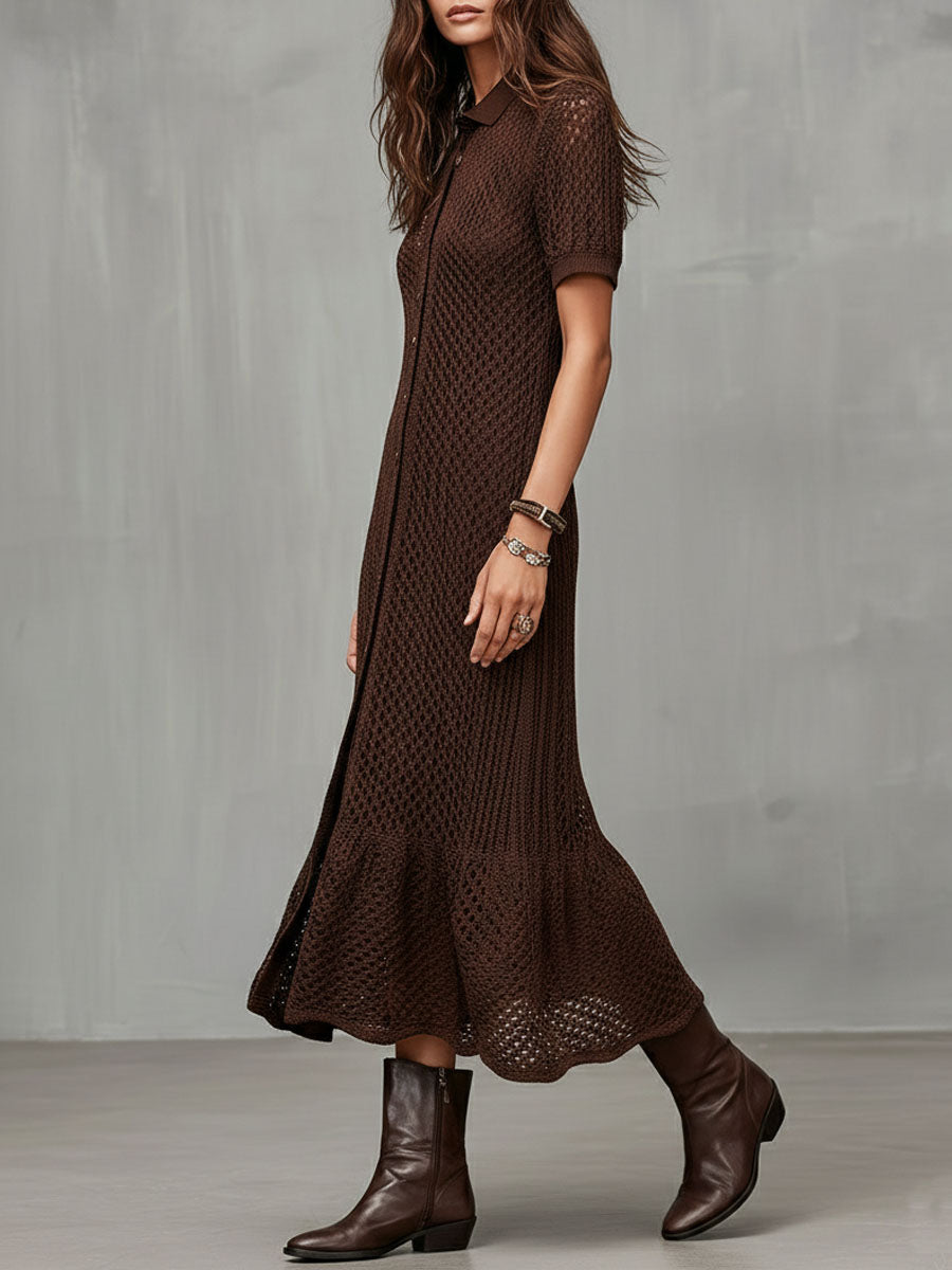 Quiet Luxury Chocolate Brown Crochet Knit Shirt Dress