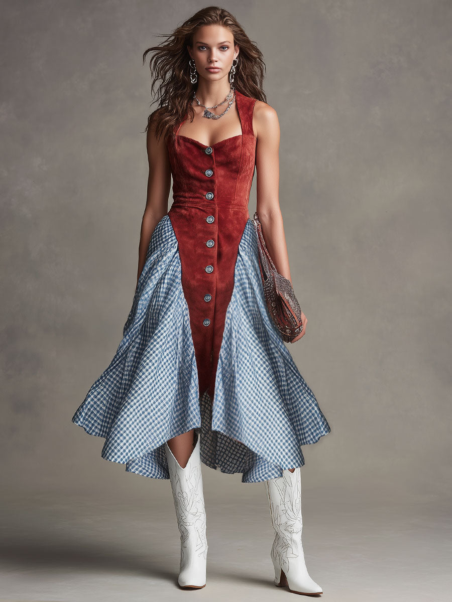 Western-style Retro Plaid Chiffon Red Faux Suede Sleeveless Midi Dress