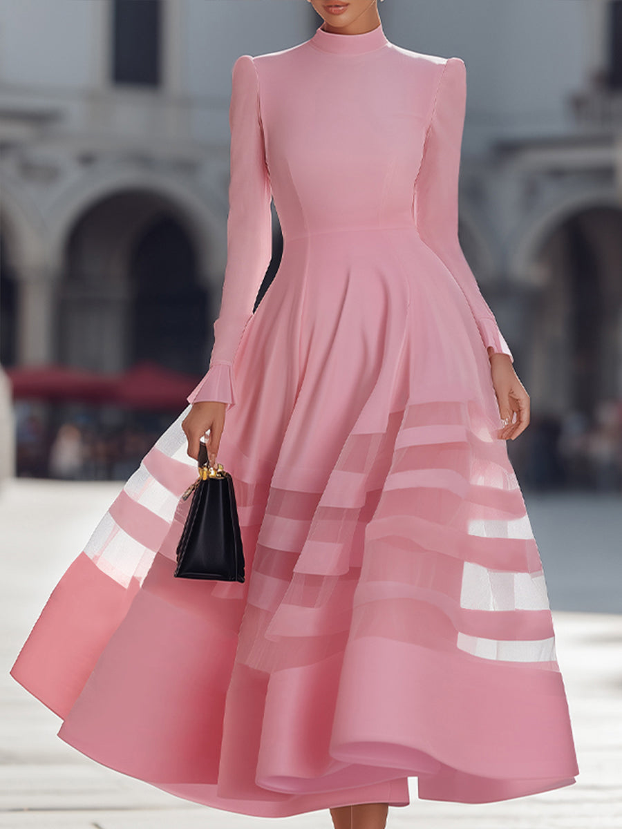 Elegant Sheer Panel Flared Midi Dress