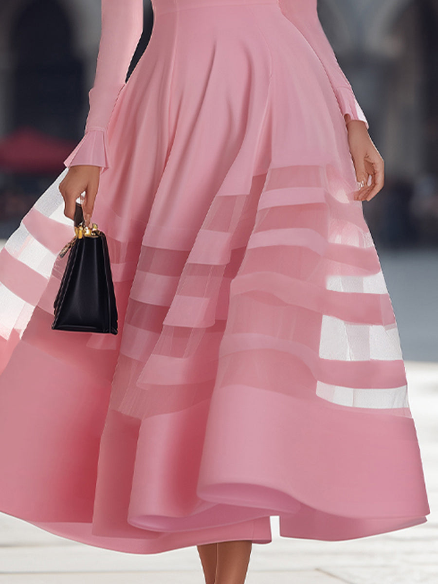 Elegant Sheer Panel Flared Midi Dress