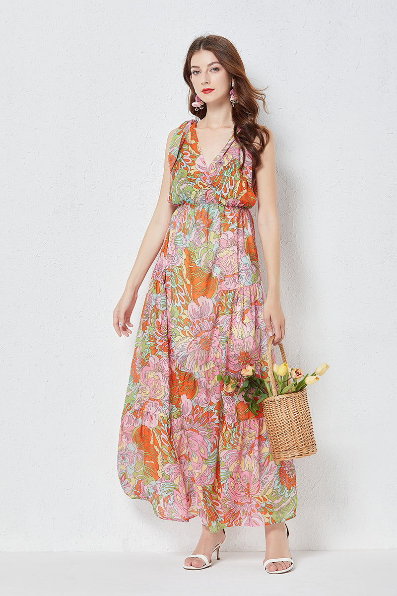 Bow Tie Tencel Sling Dress Printed Swing High Waist Slim Dress