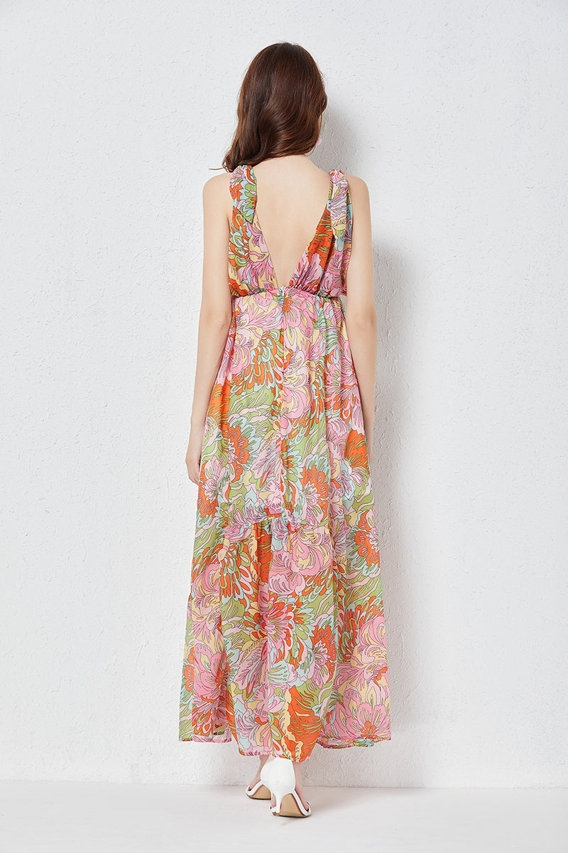 Bow Tie Tencel Sling Dress Printed Swing High Waist Slim Dress