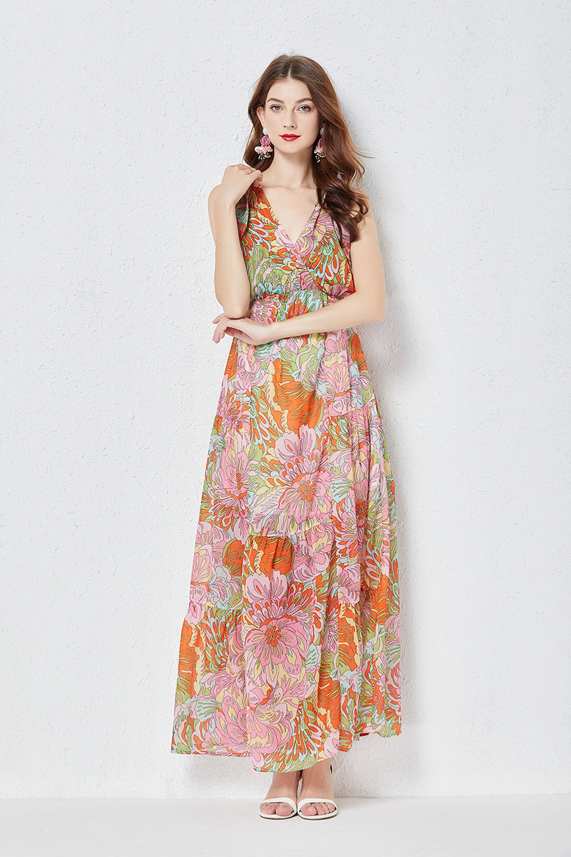 Bow Tie Tencel Sling Dress Printed Swing High Waist Slim Dress