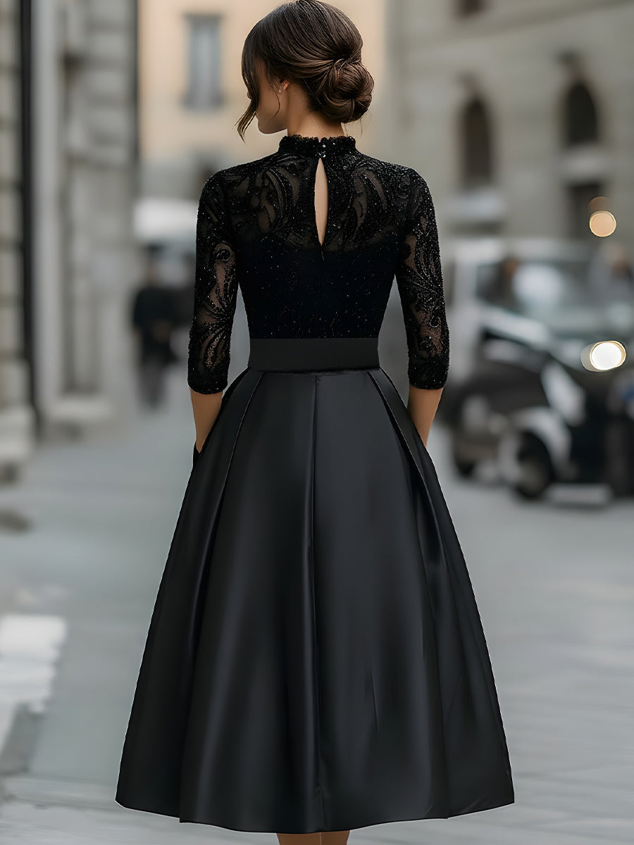 Elegant Black Lace Bodice Dress With Pleated Skirt